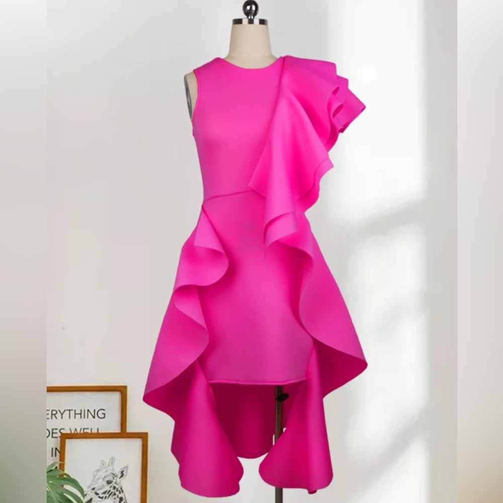 Asymmetrical Ruffle High-Low Dress - Hot Pink